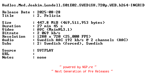 NFO for the release Hudlos.Med.Joakim.Lundell.S01E02.SWEDiSH.720p.WEB.h264-INGRID by INGRID