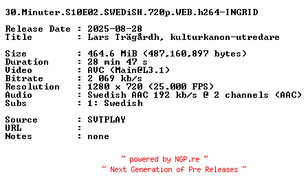 NFO for the release 30.Minuter.S10E02.SWEDiSH.720p.WEB.h264-INGRID by INGRID