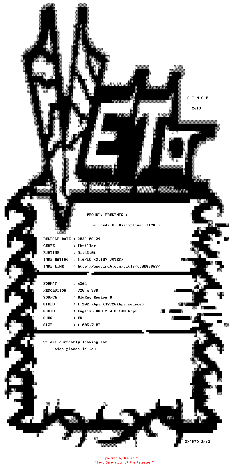 NFO for the release The.Lords.Of.Discipline.1983.BDRip.x264-VETO by VETO