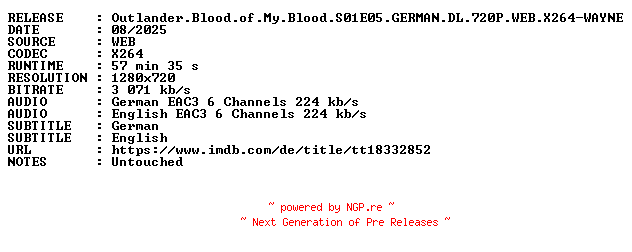 NFO for the release Outlander.Blood.of.My.Blood.S01E05.GERMAN.DL.720P.WEB.X264-WAYNE by WAYNE