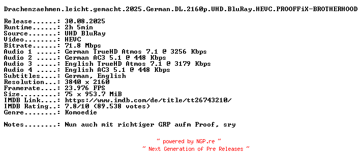 NFO for the release Drachenzaehmen.leicht.gemacht.2025.German.DL.2160p.UHD.BluRay.HEVC.PROOFFiX-BROTHERHOOD by BROTHERHOOD