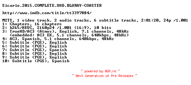 NFO for the release Sicario.2015.COMPLETE.UHD.BLURAY-COASTER by COASTER
