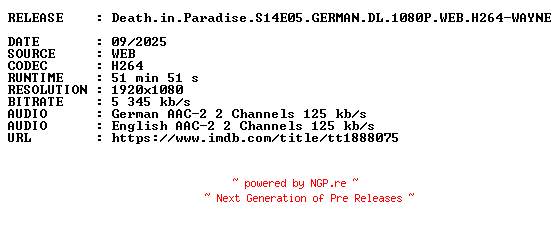 NFO for the release Death.in.Paradise.S14E05.GERMAN.DL.1080P.WEB.H264-WAYNE by WAYNE