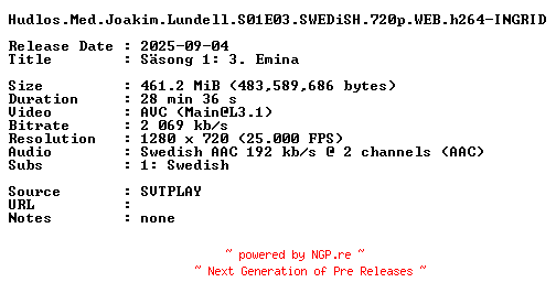 NFO for the release Hudlos.Med.Joakim.Lundell.S01E03.SWEDiSH.720p.WEB.h264-INGRID by INGRID