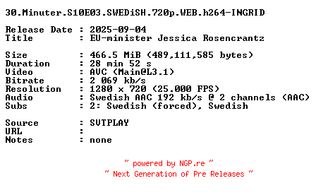 NFO for the release 30.Minuter.S10E03.SWEDiSH.720p.WEB.h264-INGRID by INGRID