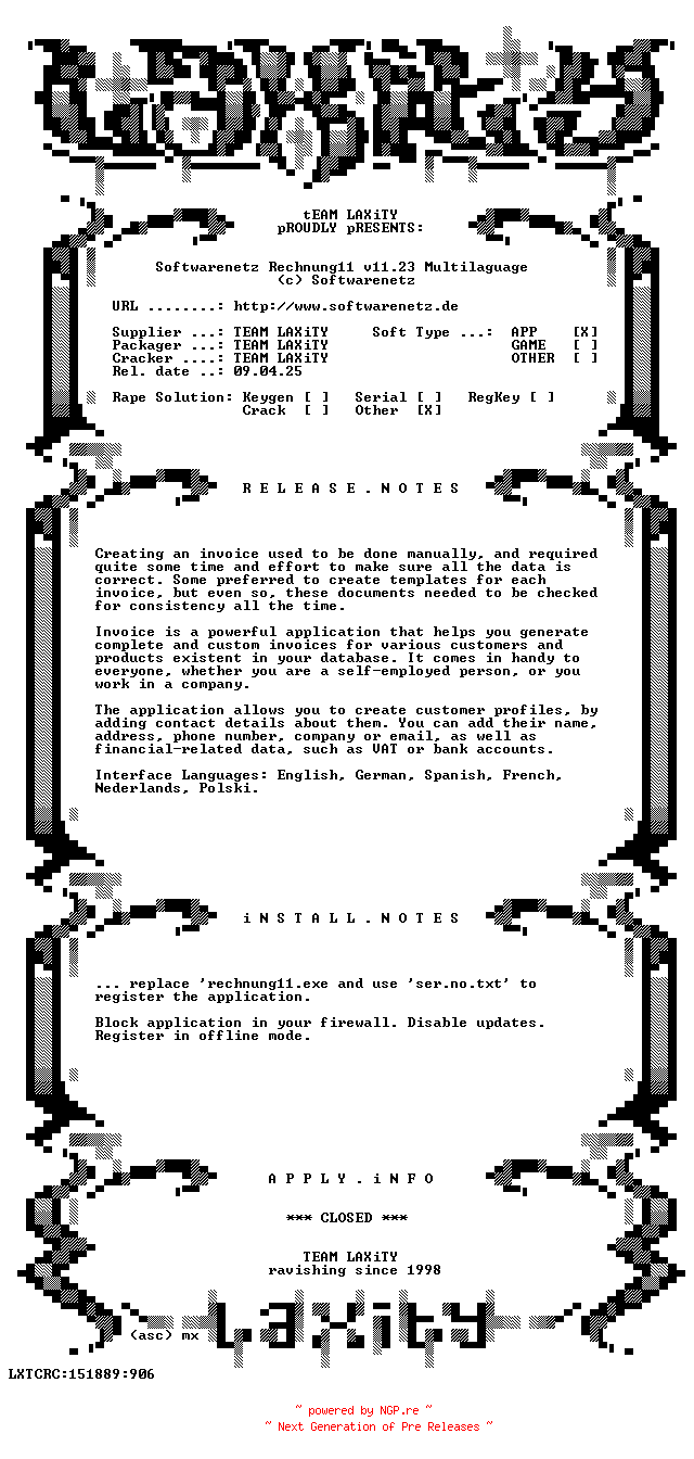 NFO for the release Softwarenetz.Rechnung11.v11.23.Multilaguage-LAXiTY by LAXiTY