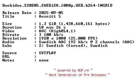 NFO for the release Doobidoo.S20E05.SWEDiSH.1080p.WEB.h264-INGRID by INGRID