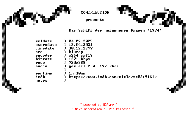 NFO for the release Das.Schiff.der.gefangenen.Frauen.1974.German.BDRip.x264-CONTRiBUTiON by CONTRiBUTiON