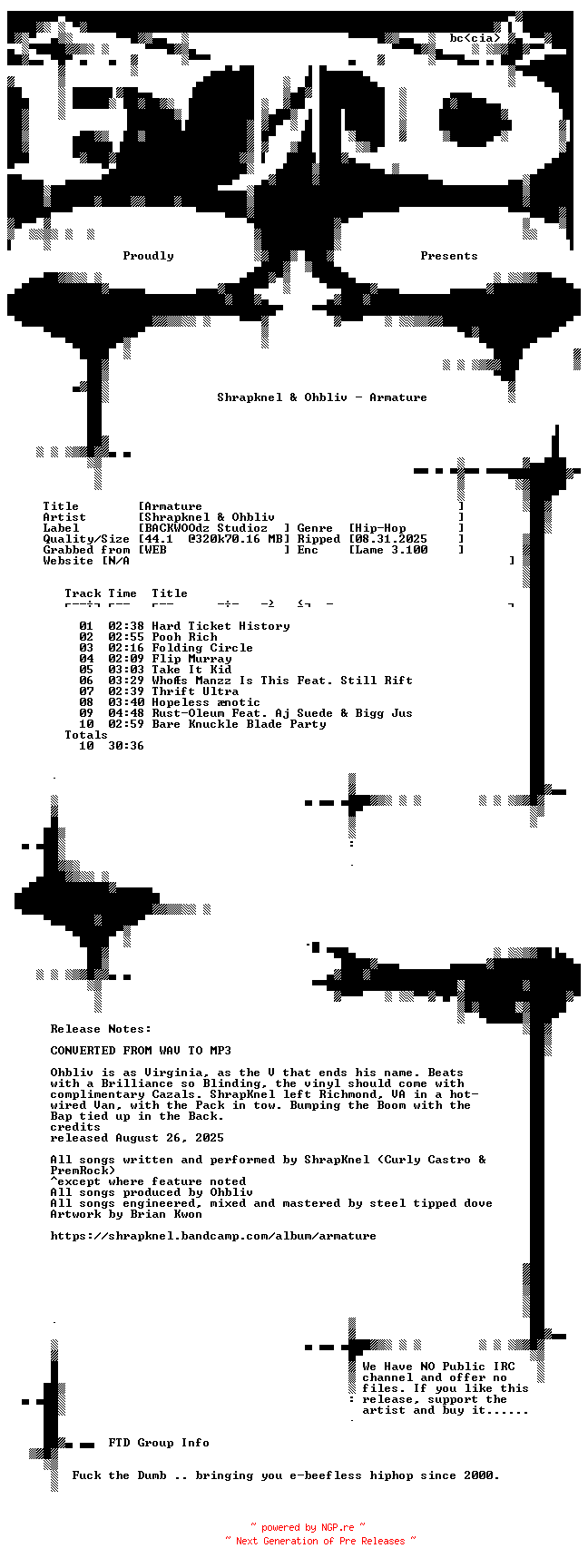 NFO for the release Shrapknel_and_Ohbliv-Armature-WEB-2025-FTD by FTD