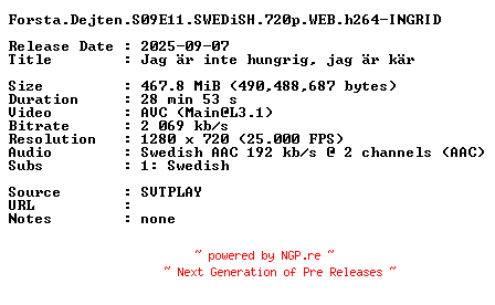 NFO for the release Forsta.Dejten.S09E11.SWEDiSH.720p.WEB.h264-INGRID by INGRID