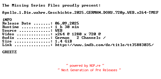 NFO for the release Apollo.1.Die.wahre.Geschichte.2025.GERMAN.DOKU.720p.WEB.x264-TMSF by TMSF