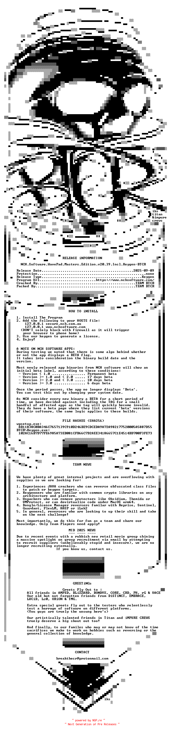 NFO for the release NCH.Software.WavePad.Masters.Edition.v20.39.Incl.Keygen-BTCR by BTCR