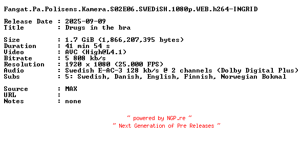 NFO for the release Fangat.Pa.Polisens.Kamera.S02E06.SWEDiSH.1080p.WEB.h264-INGRID by INGRID