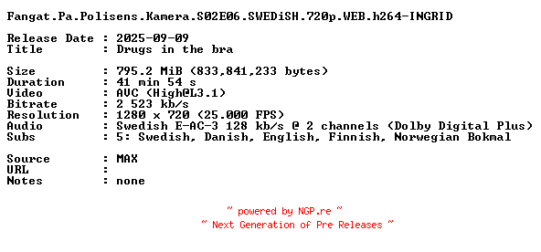 NFO for the release Fangat.Pa.Polisens.Kamera.S02E06.SWEDiSH.720p.WEB.h264-INGRID by INGRID