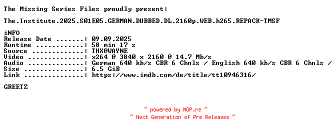 NFO for the release The.Institute.2025.S01E05.GERMAN.DUBBED.DL.2160p.WEB.h265.REPACK-TMSF by TMSF