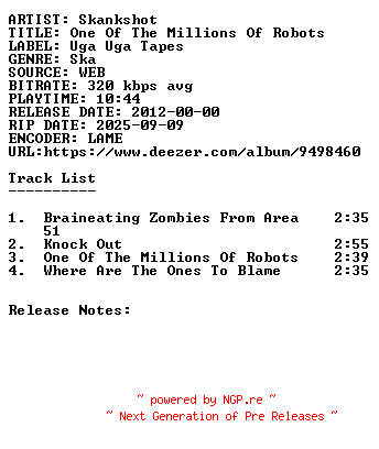 NFO for the release Skankshot-One_Of_The_Millions_Of_Robots-WEB-2012-SDR by SDR
