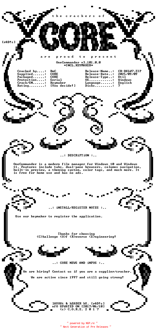 NFO for the release OneCommander.v3.101.0.0.Incl.Keymaker-CORE by CORE