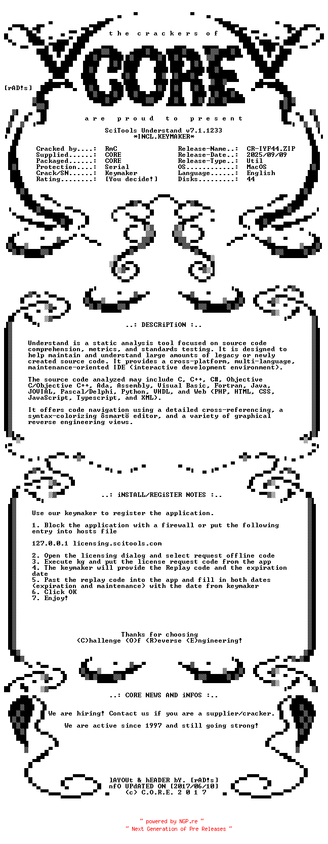 NFO for the release SciTools.Understand.v7.1.1233.MacOS.Incl.Keymaker-CORE by CORE