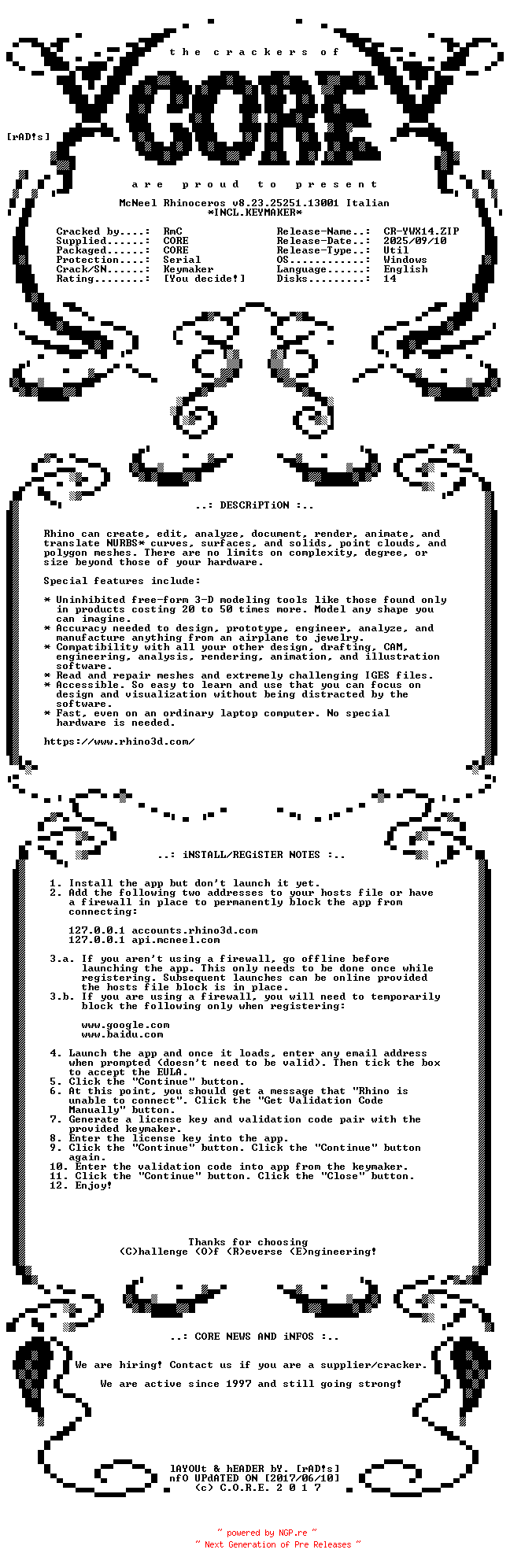 NFO for the release McNeel.Rhinoceros.v8.23.25251.13001.Italian.Incl.Keymaker-CORE by CORE