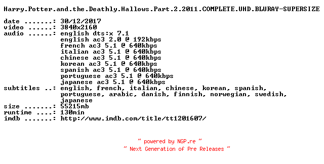 NFO for the release Harry.Potter.and.the.Deathly.Hallows.Part.2.2011.COMPLETE.UHD.BLURAY-SUPERSIZE by SUPERSIZE