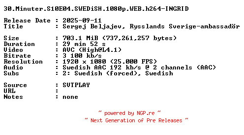 NFO for the release 30.Minuter.S10E04.SWEDiSH.1080p.WEB.h264-INGRID by INGRID