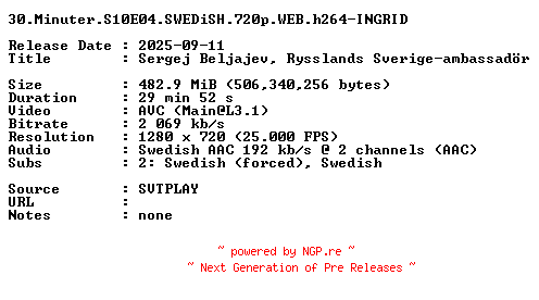 NFO for the release 30.Minuter.S10E04.SWEDiSH.720p.WEB.h264-INGRID by INGRID