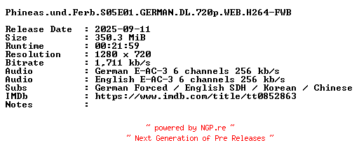 NFO for the release Phineas.und.Ferb.S05E01.GERMAN.DL.720p.WEB.H264-FWB by FWB