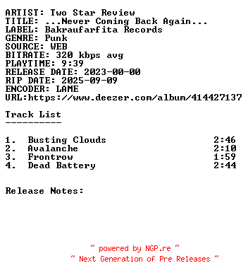 NFO for the release Two_Star_Review-...never_Coming_Back_Again...-WEB-2023-SDR by SDR