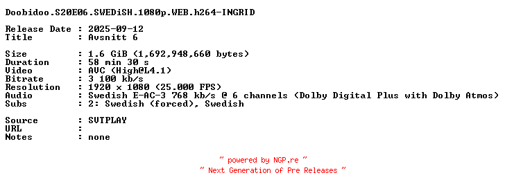 NFO for the release Doobidoo.S20E06.SWEDiSH.1080p.WEB.h264-INGRID by INGRID