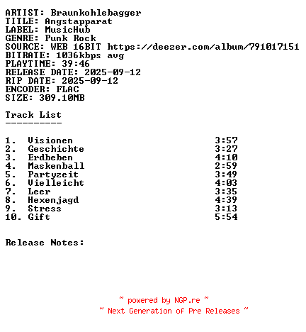 NFO for the release Braunkohlebagger-Angstapparat-DE-16BIT-WEB-FLAC-2025-SDR by SDR