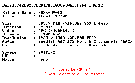 NFO for the release Babel.S42E02.SWEDiSH.1080p.WEB.h264-INGRID by INGRID
