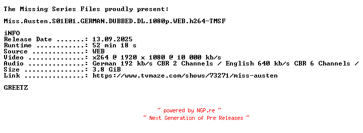 NFO for the release Miss.Austen.S01E01.GERMAN.DUBBED.DL.1080p.WEB.h264-TMSF by TMSF