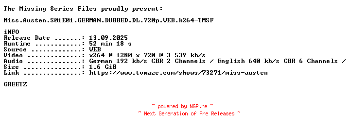 NFO for the release Miss.Austen.S01E01.GERMAN.DUBBED.DL.720p.WEB.h264-TMSF by TMSF
