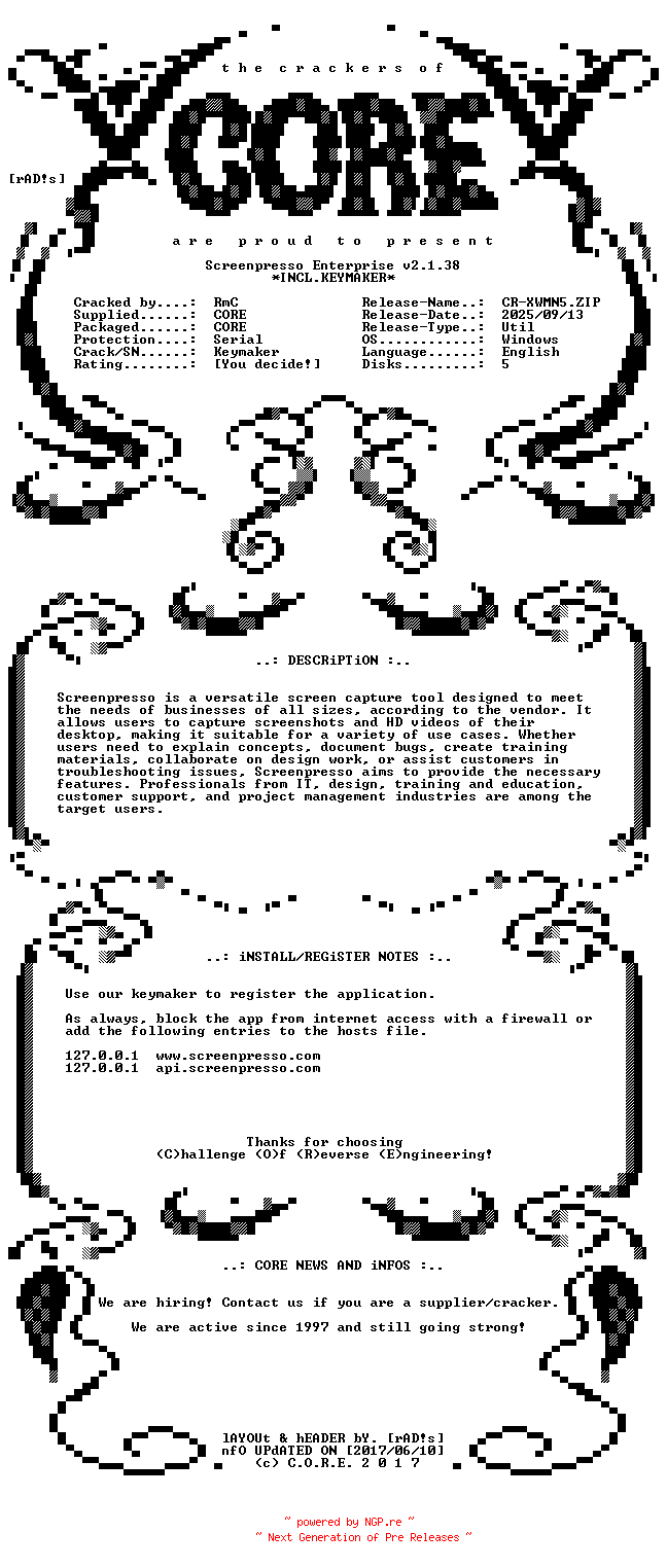 NFO for the release Screenpresso.Enterprise.v2.1.38.Incl.Keymaker-CORE by CORE
