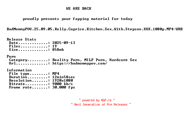 NFO for the release BadMommyPOV.25.09.05.Kelly.Caprice.Kitchen.Sex.With.Stepson.XXX.1080p.MP4-WRB by WRB