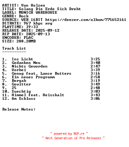 NFO for the release Van_Holzen-Solang_Die_Erde_Sich_Dreht-DE-16BIT-WEB-FLAC-2025-SDR by SDR