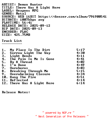 NFO for the release Demon_Hunter-There_Was_A_Light_Here-16BIT-WEB-FLAC-2025-SDR by SDR