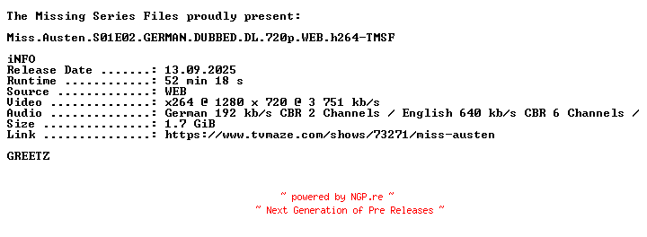 NFO for the release Miss.Austen.S01E02.GERMAN.DUBBED.DL.720p.WEB.h264-TMSF by TMSF