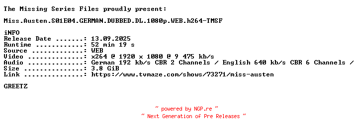 NFO for the release Miss.Austen.S01E04.GERMAN.DUBBED.DL.1080p.WEB.h264-TMSF by TMSF