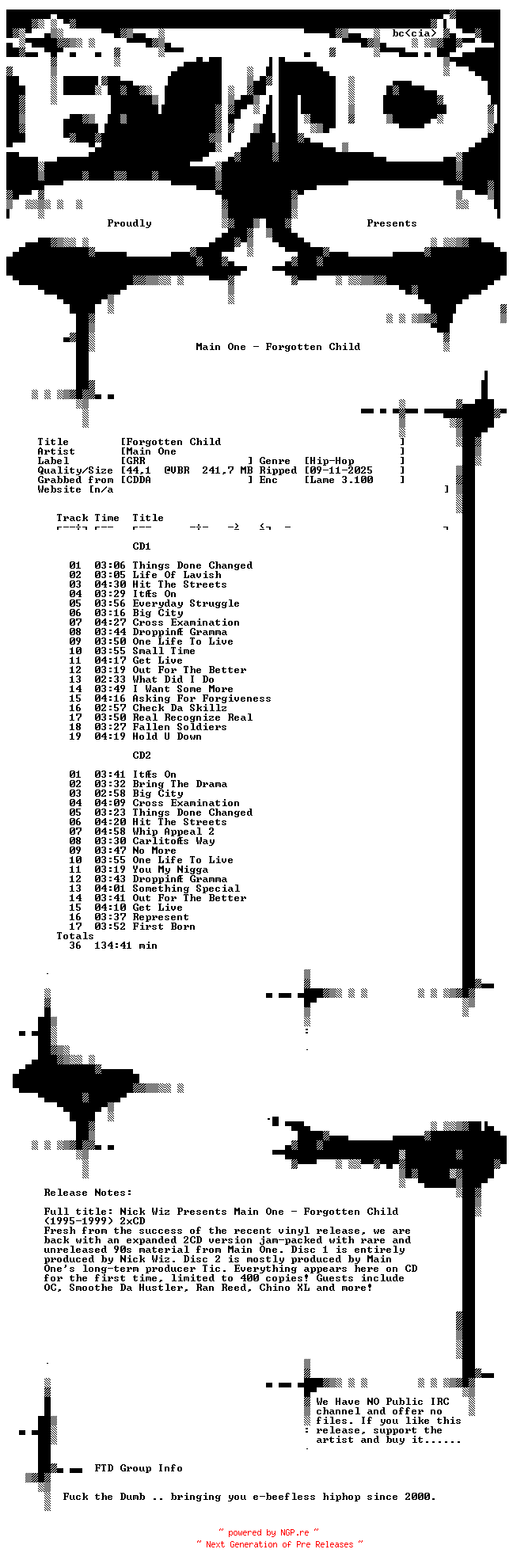 NFO for the release Main_One-Forgotten_Child-2CD-2025-FTD by FTD