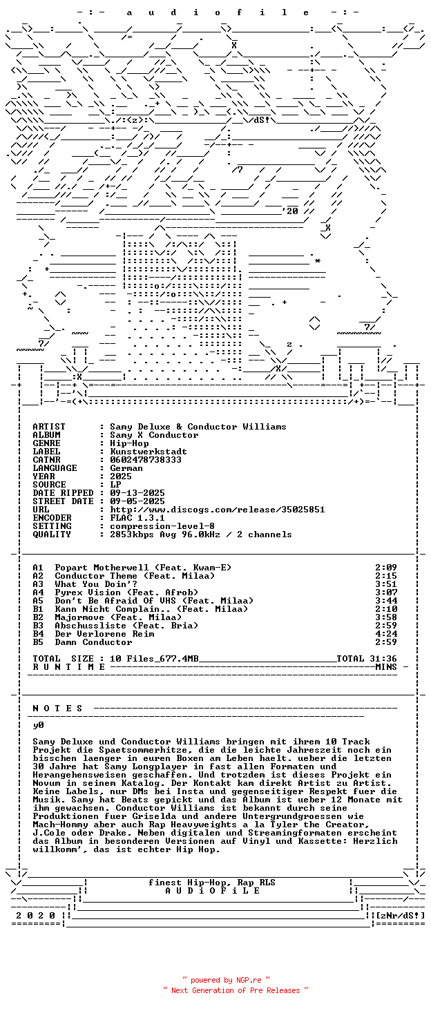 NFO for the release Samy_Deluxe_Und_Conductor_Williams-Samy_X_Conductor-DE-LP-FLAC-2025-AUDiOFiLE by AUDiOFiLE