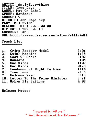NFO for the release Anti-Everything-True_Love-WEB-2025-SDR by SDR