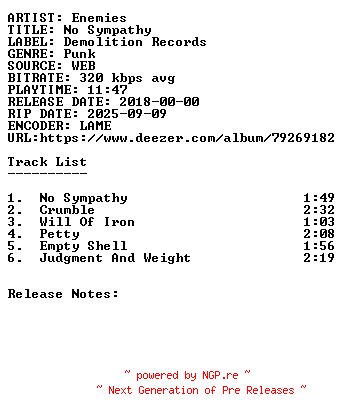 NFO for the release Enemies-No_Sympathy-WEB-2018-SDR by SDR