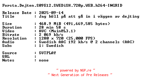 NFO for the release Forsta.Dejten.S09E12.SWEDiSH.720p.WEB.h264-INGRID by INGRID