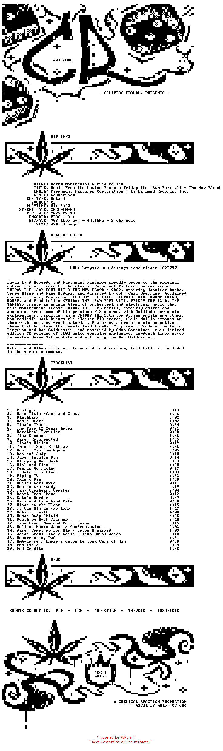 NFO for the release Harry_Manfredini_Fred_Mollin-Music_From_The_Motion_Picture_Friday_The_13th_Part_VII-OST_Ltd_Edition-CD-FLAC-2020-CALiFLAC by CALiFLAC