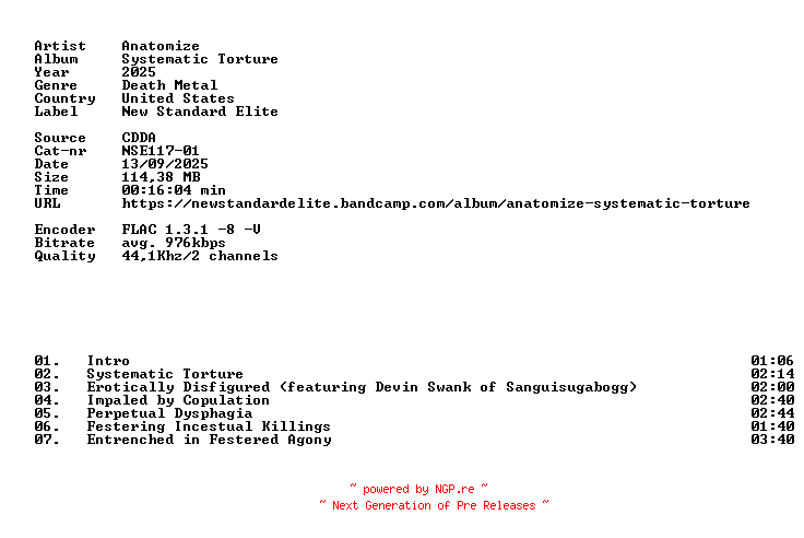 NFO for the release Anatomize-Systematic_Torture-(NSE117-01)-CD-FLAC-2025-86D by 86D