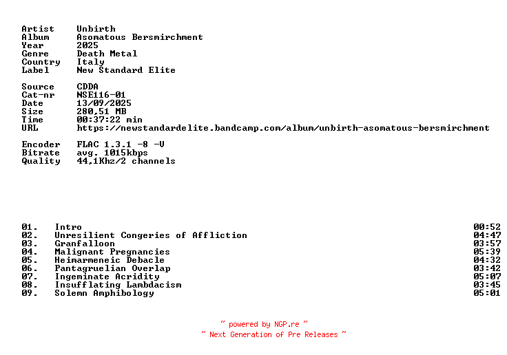 NFO for the release Unbirth-Asomatous_Bersmirchment-(NSE116-01)-CD-FLAC-2025-86D by 86D