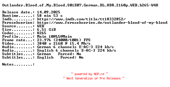 NFO for the release Outlander.Blood.of.My.Blood.S01E07.German.DL.HDR.2160p.WEB.h265-W4K by W4K