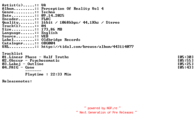 NFO for the release VA-Perception_Of_Reality_Vol_4-OBG004-16BIT-WEB-FLAC-2025-WAVED by WAVED