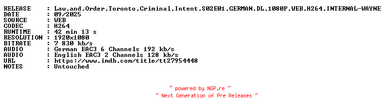NFO for the release Law.and.Order.Toronto.Criminal.Intent.S02E01.GERMAN.DL.1080P.WEB.H264.INTERNAL-WAYNE by WAYNE